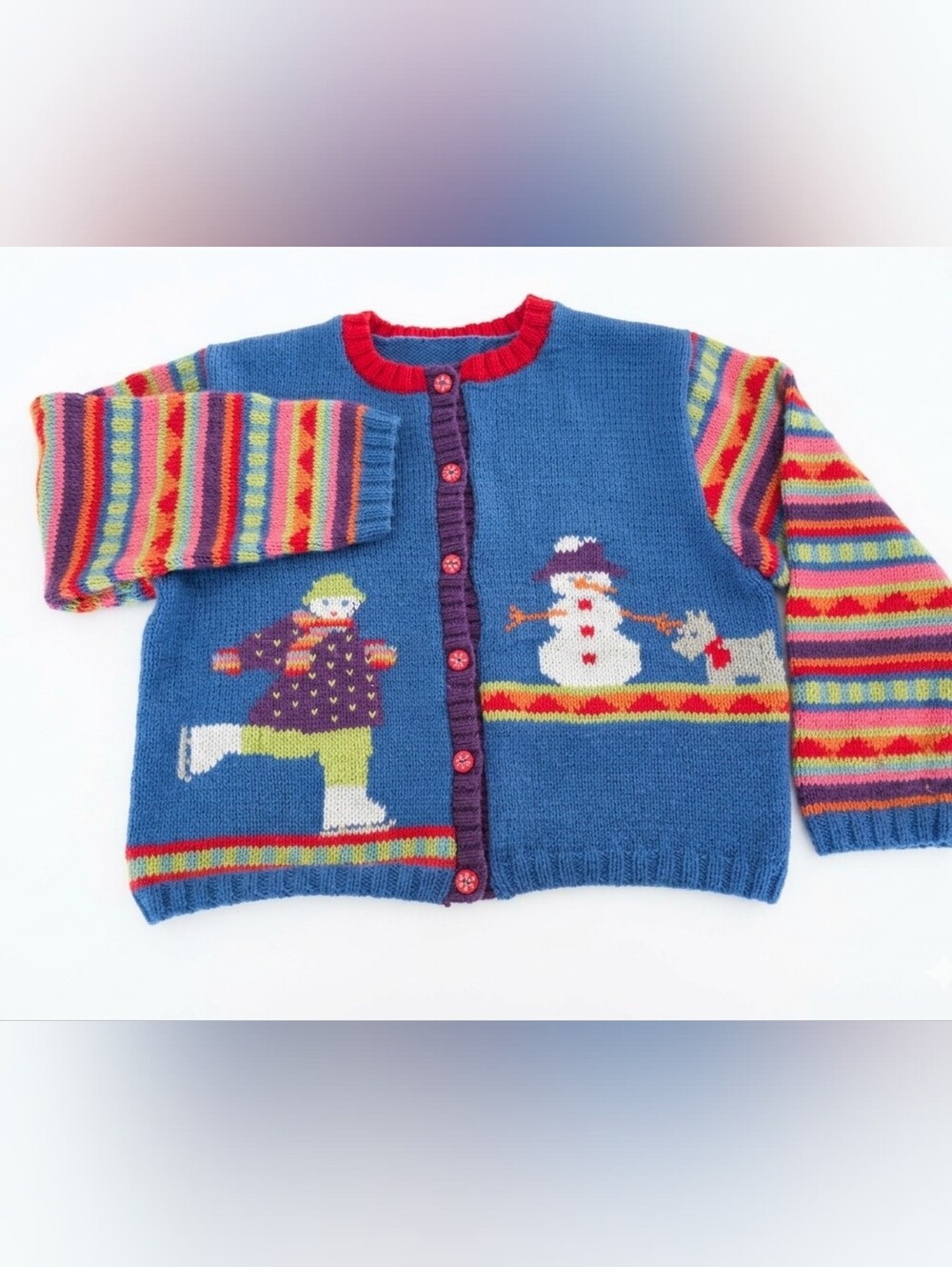 Handmade Blue Holiday Knit Cardigan for Kids - Snowman & Skater Motif PTP 19"